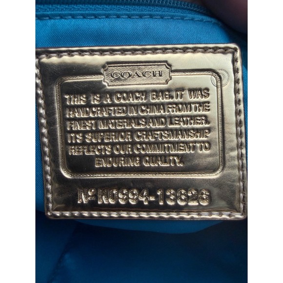 COACH Poppy Op Art Glam Gold Khaki Tote Bag Blue Teal Liner Signature C - Picture 11 of 12